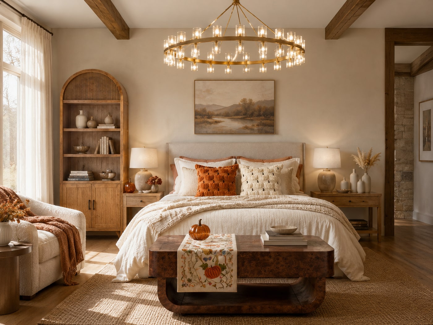 Warm organic modern farmhouse bedroom featuring a burl wood coffee table, pumpkin-hued pillows, gold crystal chandelier, and curated autumnal decor accents