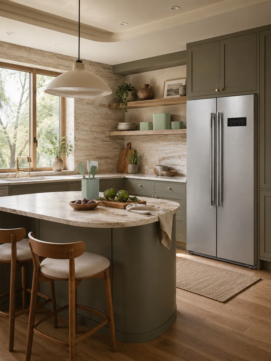 A Warm Organic Modern Kitchen with Curved Earthy Elegance