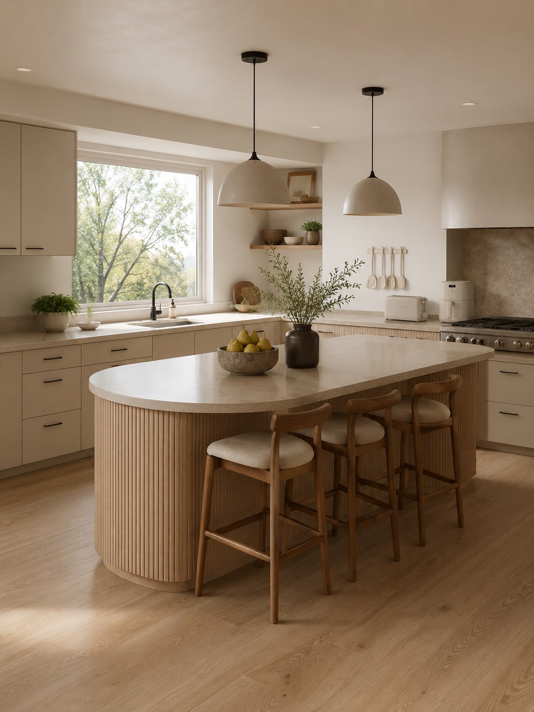 A Warm Organic Modern Kitchen with Curved Wood and Stone