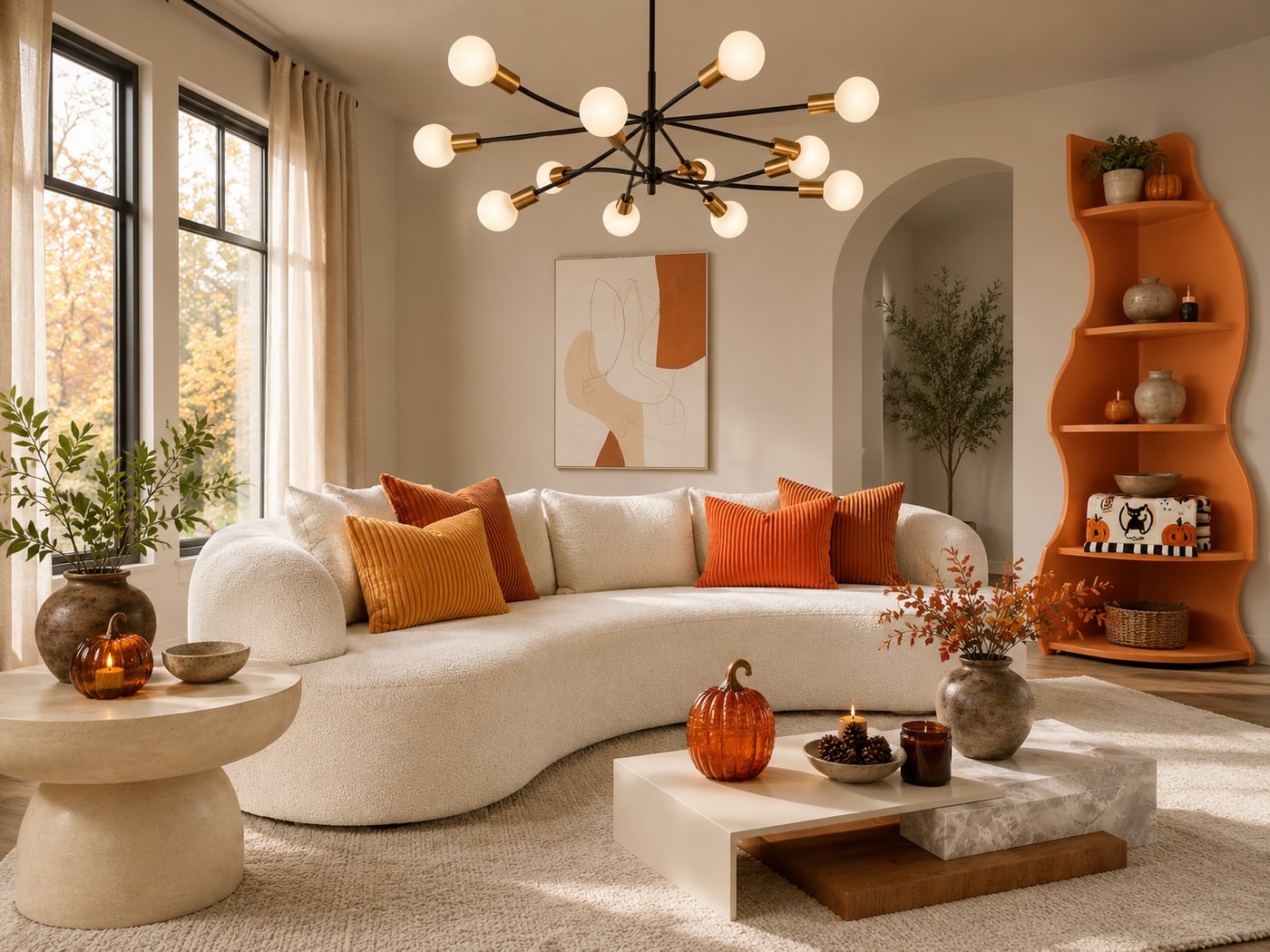 Modern living room with a curved cream sectional sofa, rust-orange corduroy pillows, round faux marble end table, wavy orange bookshelf, pumpkin candle, and a brass matte black sputnik chandelier.