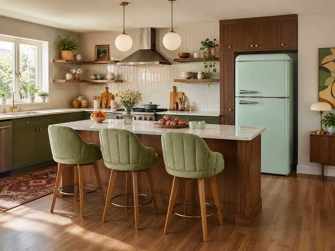 Retro mid-century modern kitchen with muted green cabinets, walnut wood cabinetry, pastel green vintage fridge, curved channel-tufted bar stools, marble island, and open wood shelves displaying pottery and plants