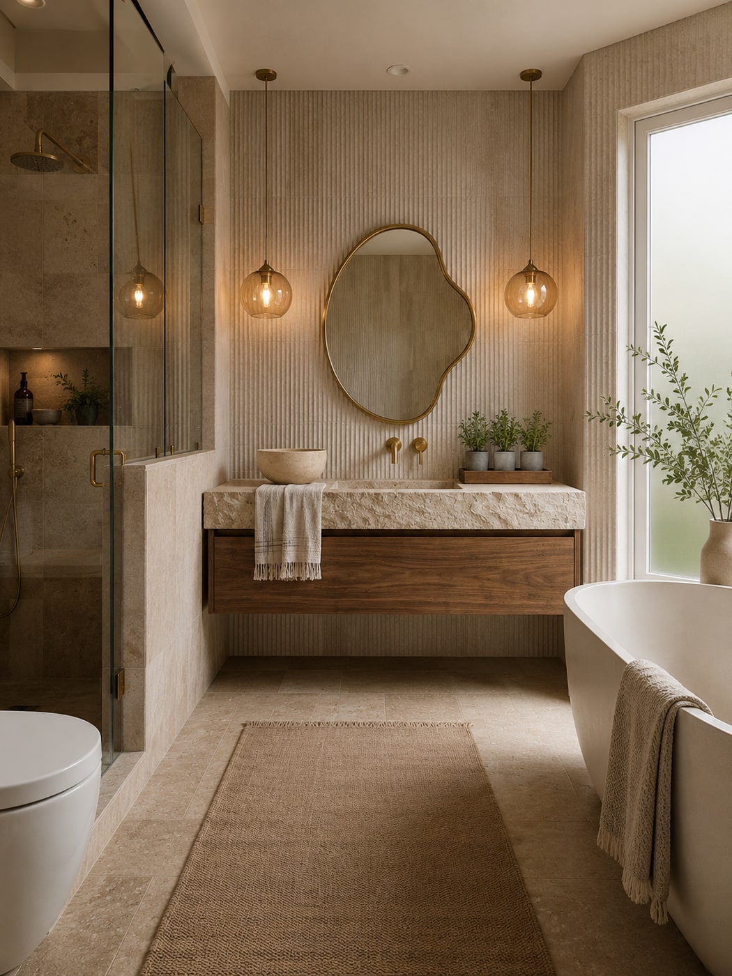 Rustic organic modern bathroom with cream ceramic bowl sink, irregular brass mirror, wood vanity, and trio of potted eucalyptus