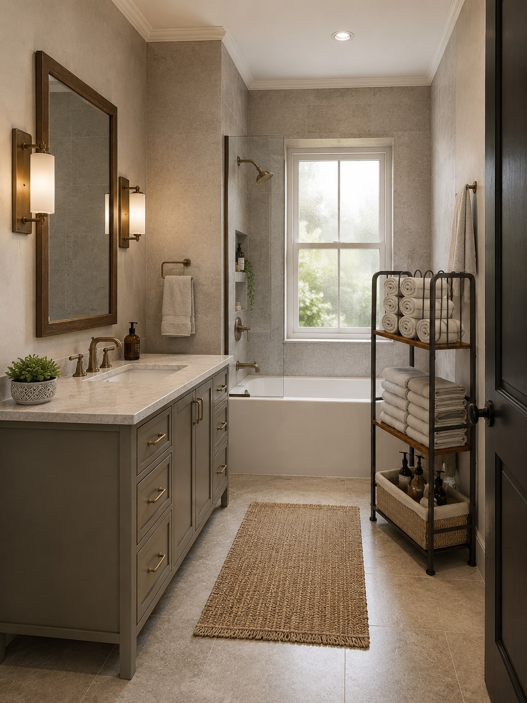 A Warm Rustic Transitional Bathroom with Inviting Storage