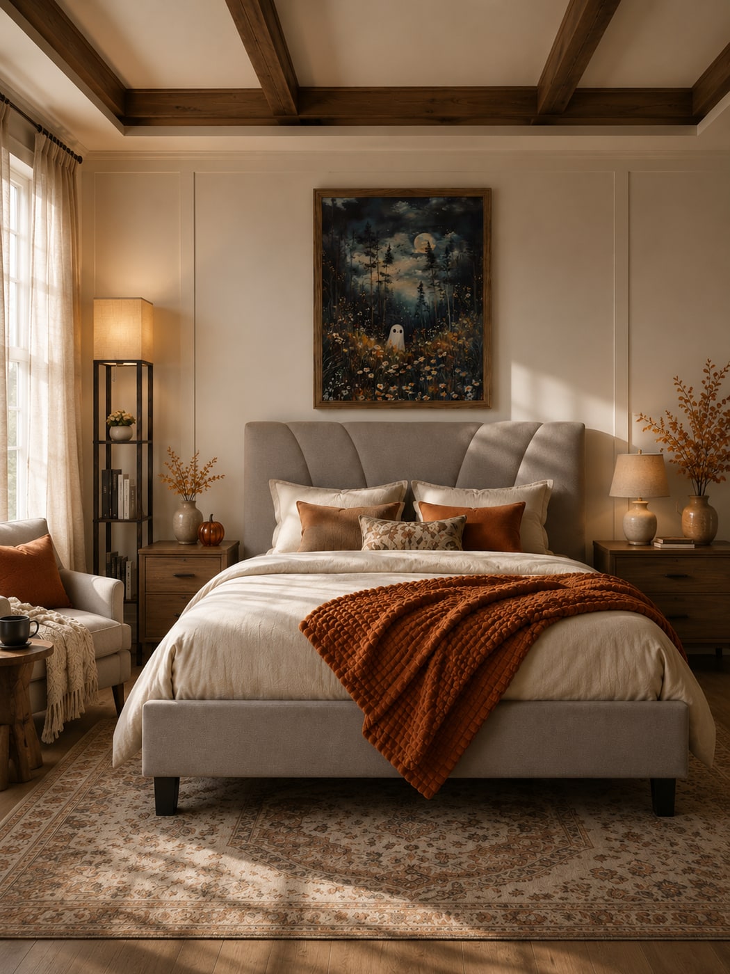 A bedroom with grey linen bed, rich wood accents, burnt orange bedding, pumpkin candle, and a rustic wood floor lamp, styled with autumn-inspired accessories.