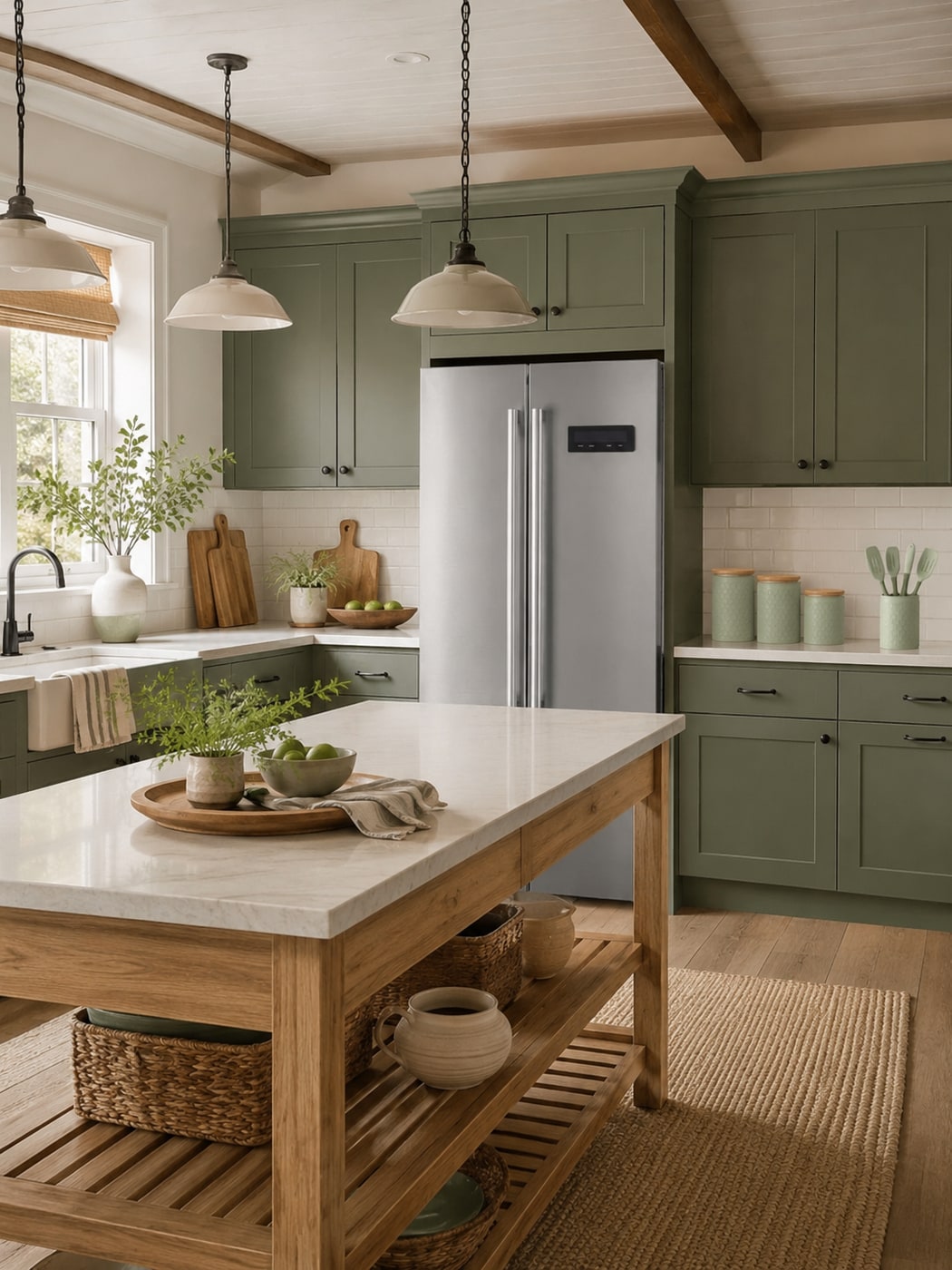 A Warm Soft Farmhouse Modern Kitchen with Sage Cabinets