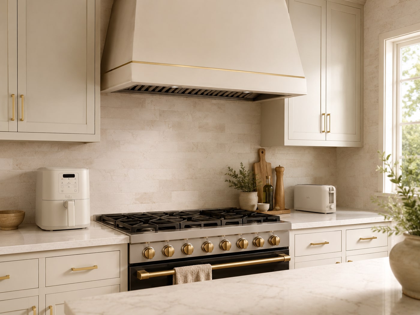 A Warm Soft Modern Transitional Kitchen in Cream and Gold