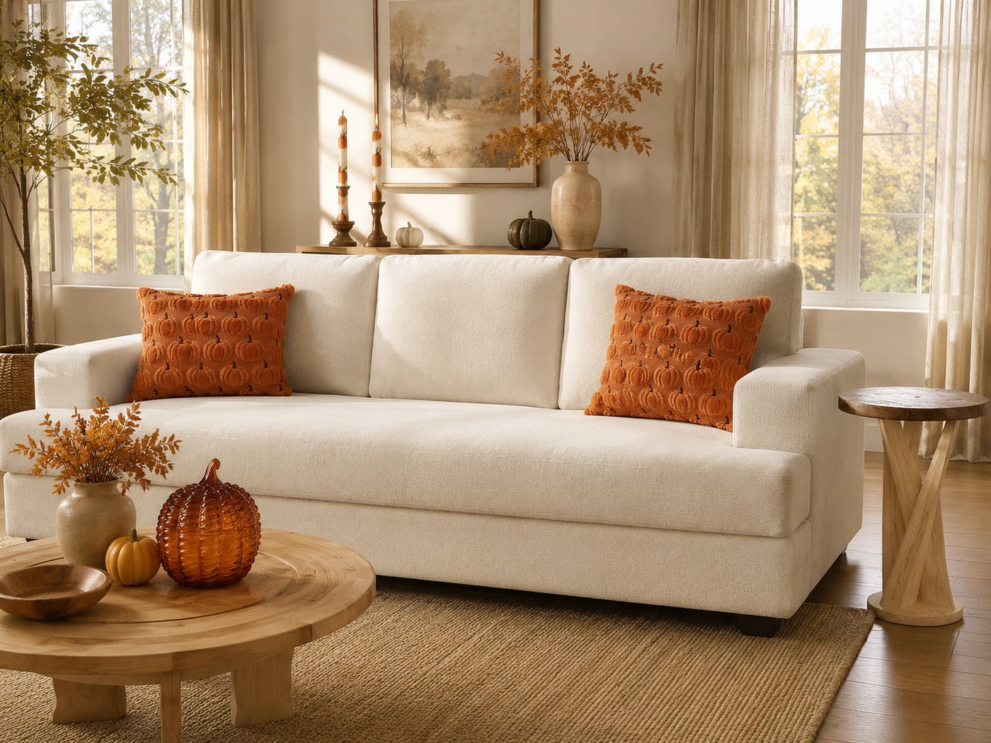 Modern living room decorated for fall with a plush white chenille sofa, caramel pumpkin-shaped pillows, wood coffee and end tables, and amber glass candle accents.
