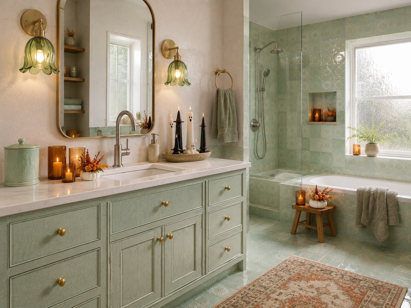 A vintage modern bathroom featuring brass fixtures, velvet pumpkin decor, amber flameless pillar candles, mint floor tiles, and a crackle glazed accent bowl beside the sink.