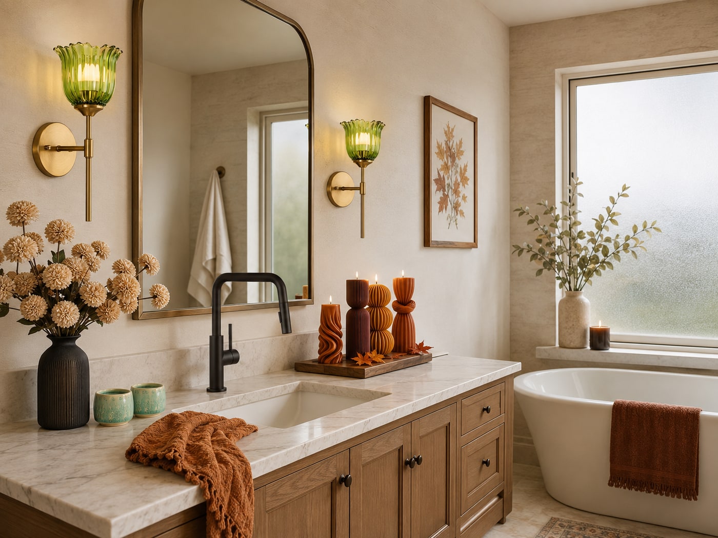 Bathroom with modern glass and bronze sconces, green-striped shades, ribbed candles, faux mums, and a matte stainless steel pull-down faucet