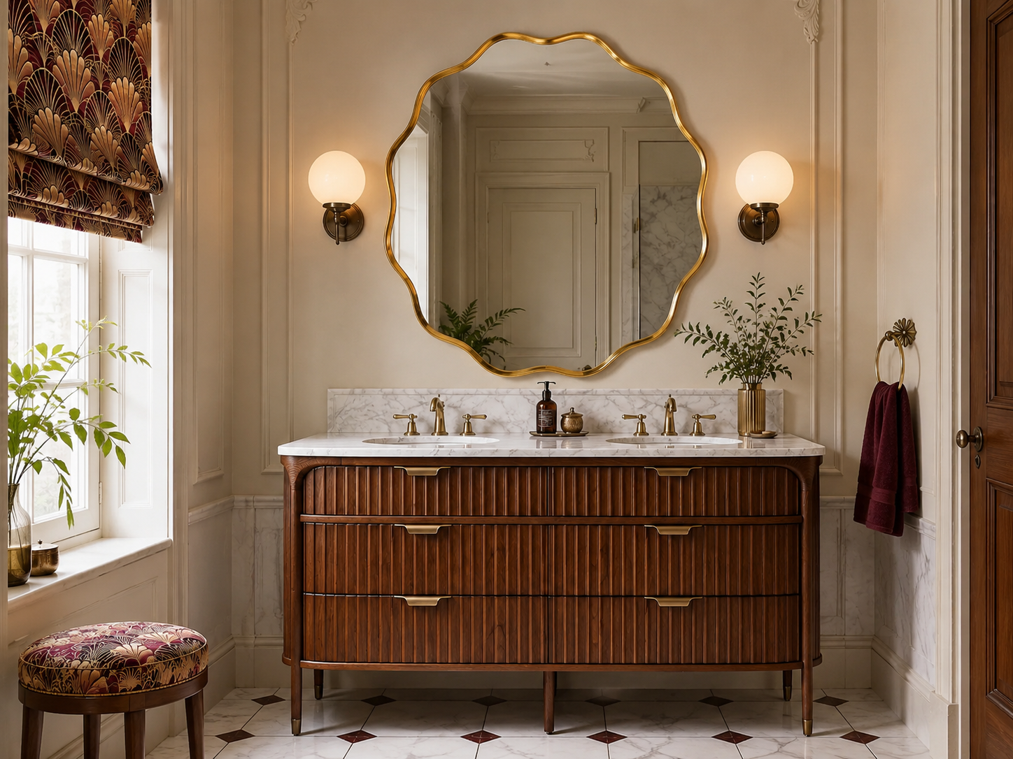 Elegant bathroom with burgundy and gold accents, marble wainscoting, brass hardware, fluted wood vanity, and Art Deco details.
