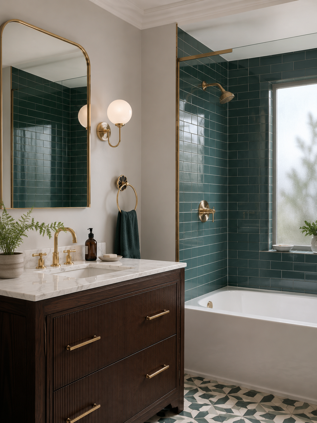 Neo Deco bathroom with glossy laurel green wall tiles, brass fixtures, arched mirror, opal globe sconce, and geometric marble floor.