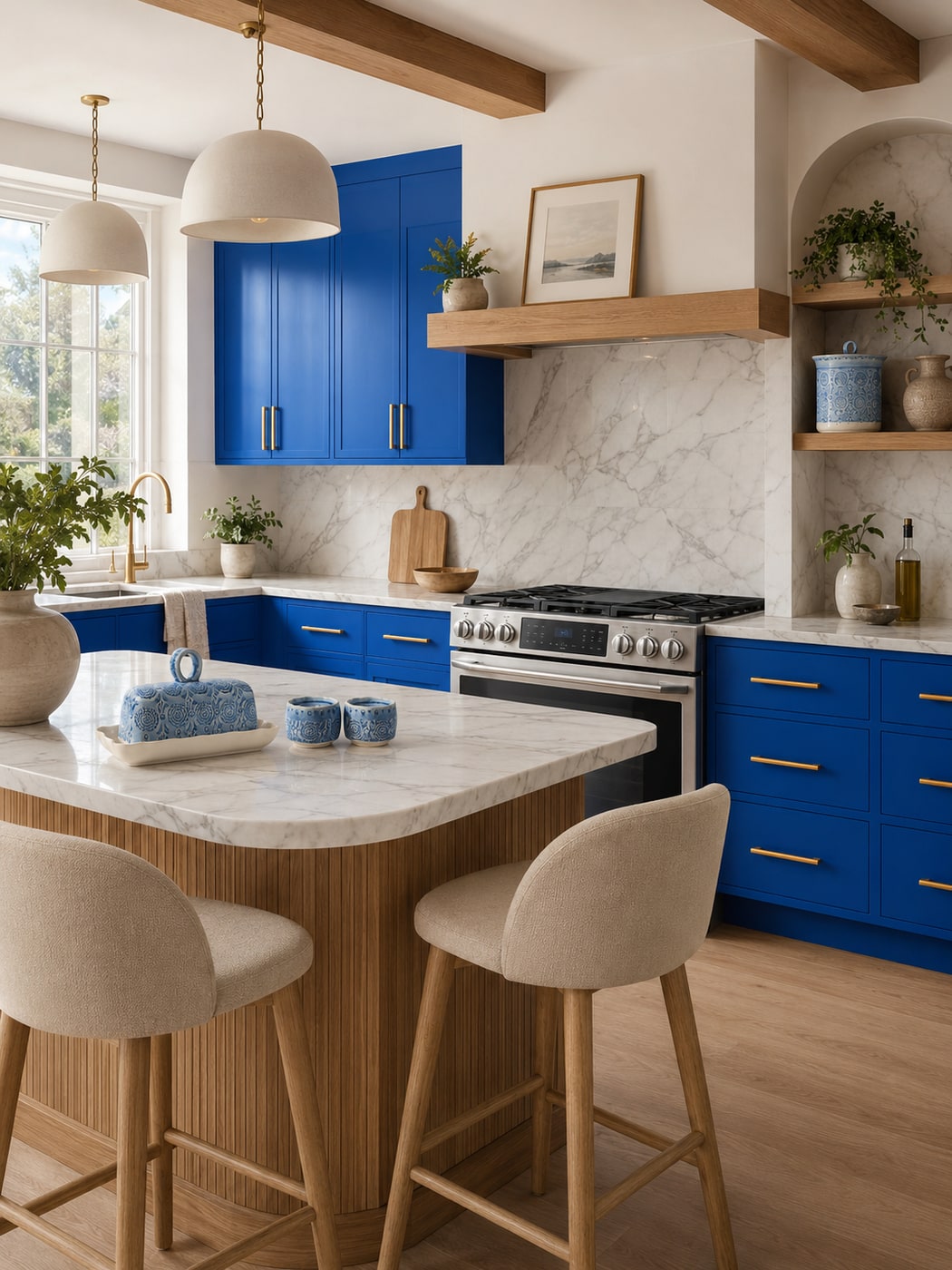 Organic modern kitchen with blue cabinets, curved island, warm wood accents, beige fabric stools, and marble-look counters.