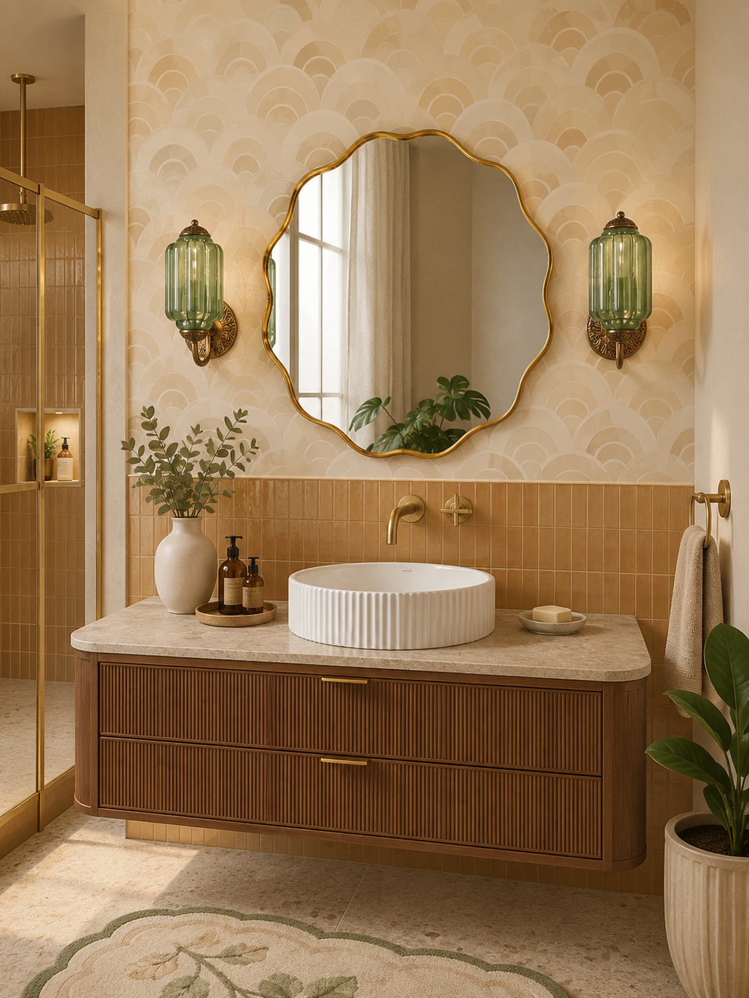 Neo Deco bathroom with scalloped green sconces, wavy gold mirror, latte wallpaper, honey subway tiles, and reeded wood vanity